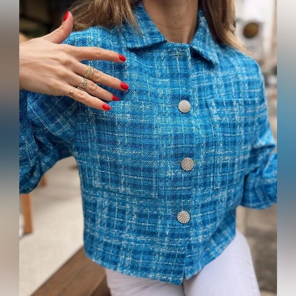 Zara Women's Plaid Tweed Cropped Long Sleeve Button Down Blazer Top Blue Size L. - Picture 3 of 16